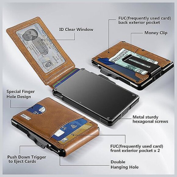 Wallet for Men - with Money Clip Slim Leather Slots , Brown - Picture 2 of 6